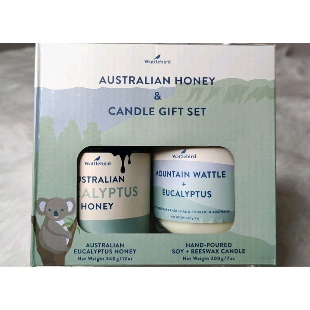Wattlebird Holiday Gift Set Raw Australian Eucalyptus Honey & 38+ Hr Candle new